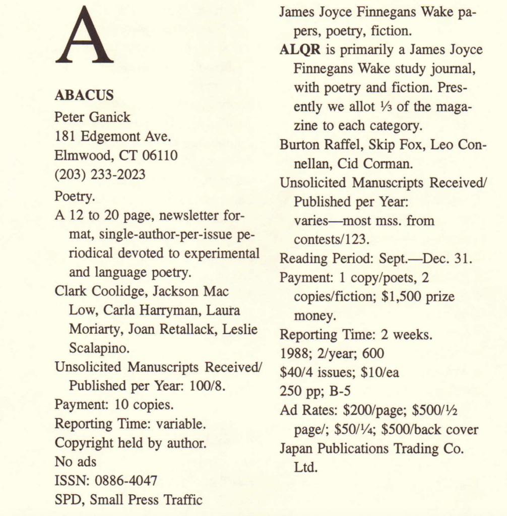Screenshot of the listing information for a single literary magazine called ABACUS.